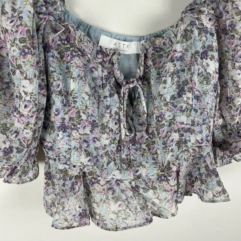 ASTR Floral Puff Sleeve Top Blue Purple Multi Size S Bustier